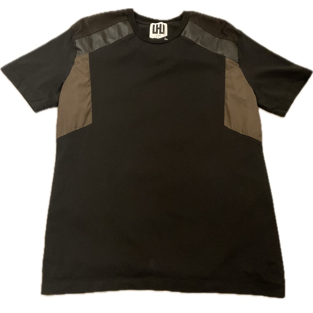 ***Les Hommes *** Black and Olive Nylon and Eco Leather Panels T- Shirt . - Picture 3 of 10